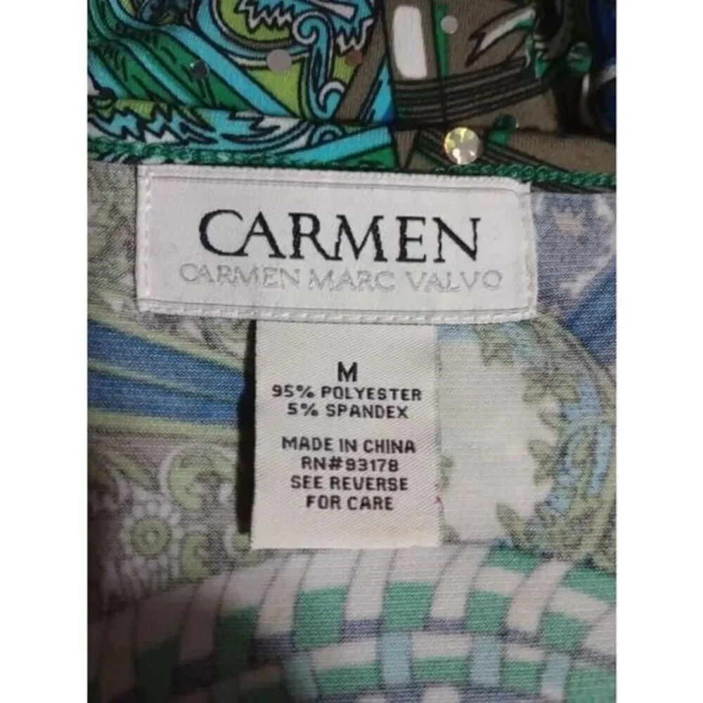Carmen Marc Valvo Women‎ Green Blue Geometric Print Cowl Neck Sequin Blouse M - Picture 5 of 6